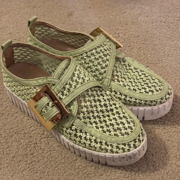 Silent D Bravissimo Flats Green Mesh Loafers with Gold Buckle - Picture 2 of 6